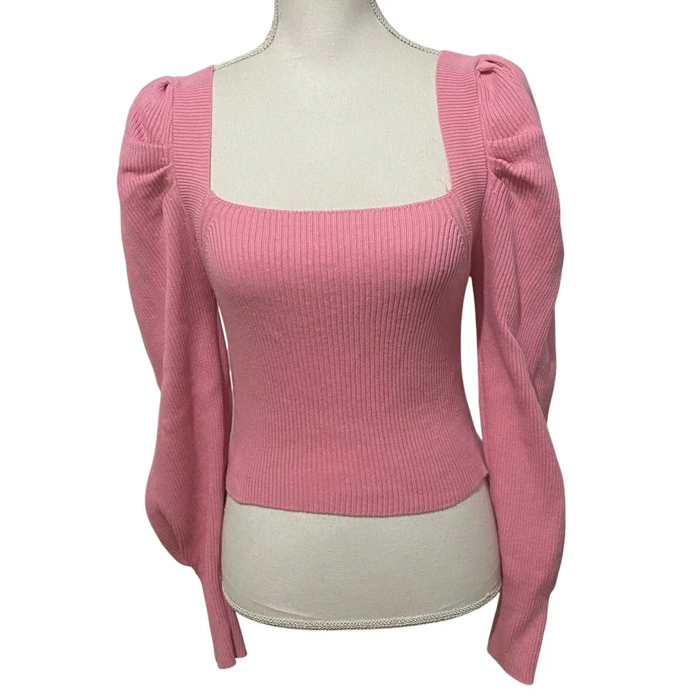 Pink Bow Crop‎ Sweater S Balletcore Soft Girl Romantic Square Neck Puff Sleeve